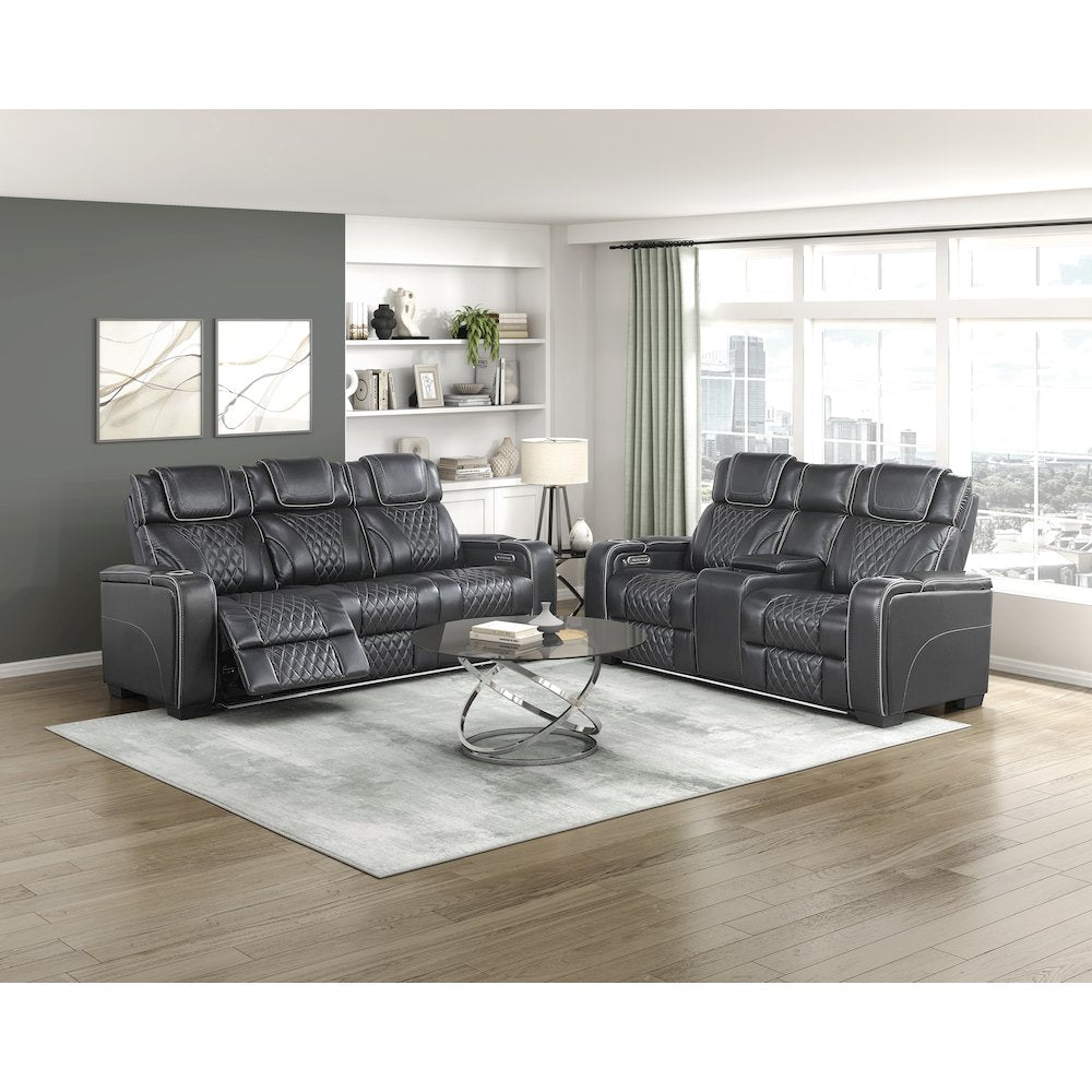 Apex Leather Pwr Double Reclining Love Seat with Center Console in Black