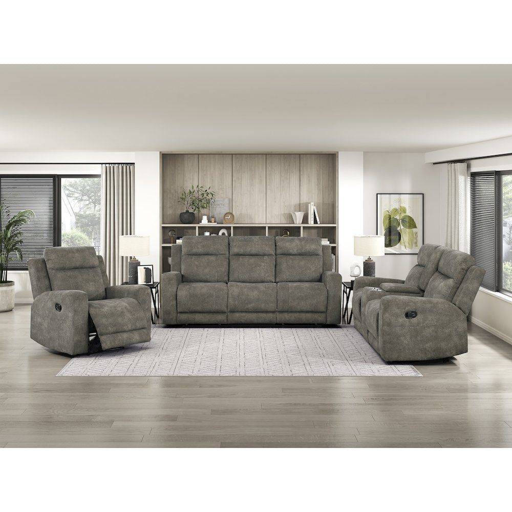 Muncie Microfiber 3pc Set: Sofa, Love, Chair in Brown
