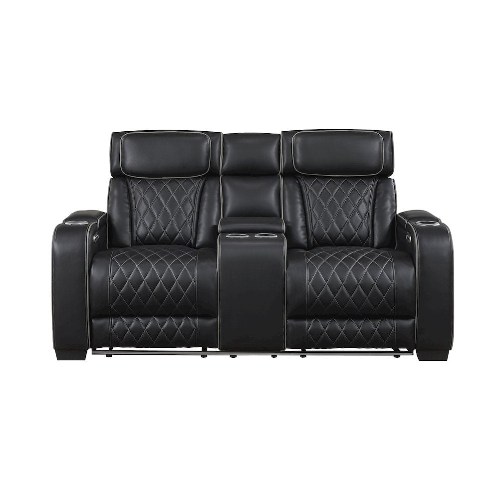 Fairway Faux Leather Power Double Reclining Love Seat in Black