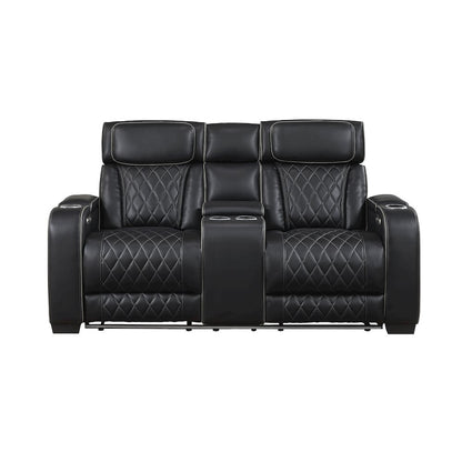 Fairway Faux Leather Power Double Reclining Love Seat in Black