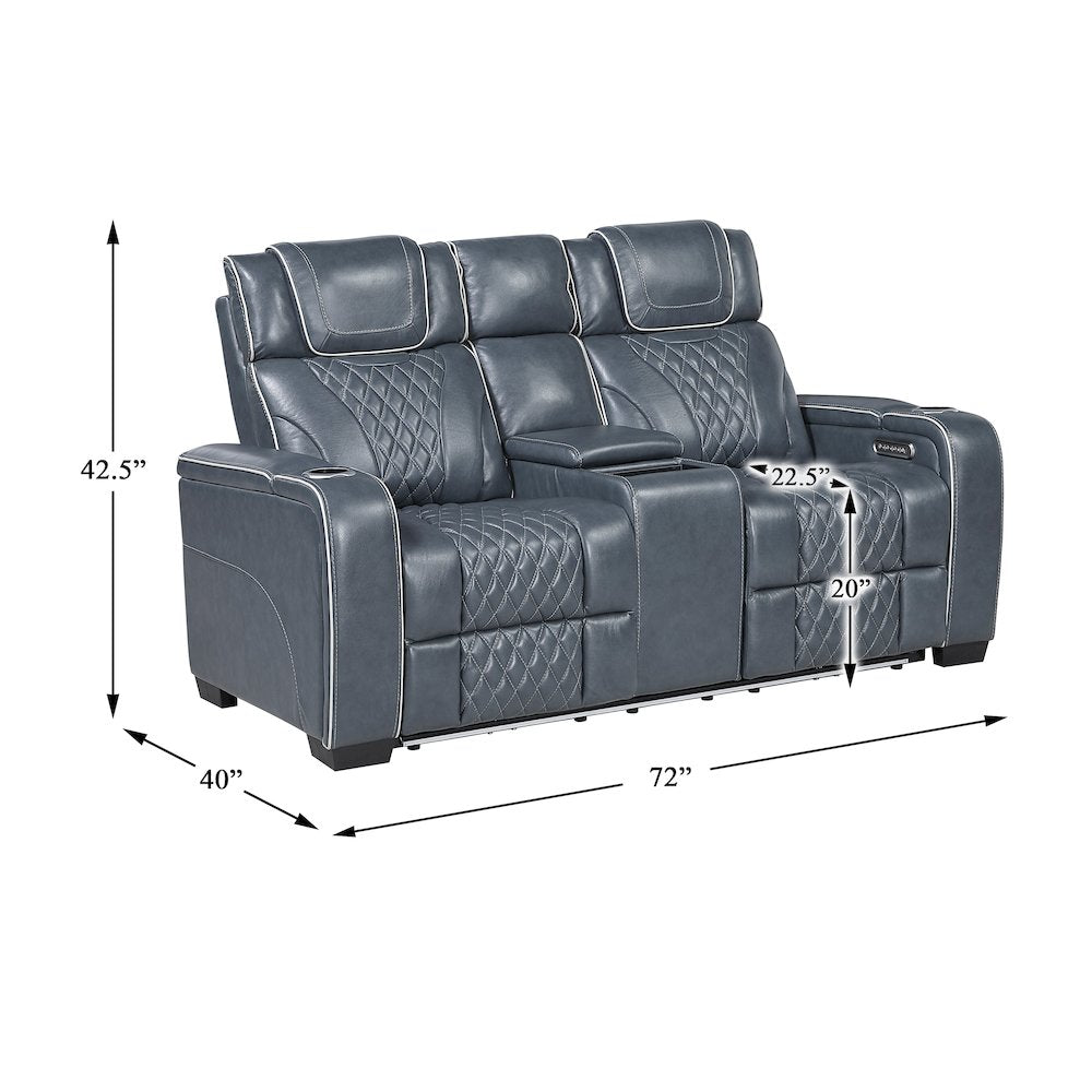 Apex Leather Pwr Double Reclining Love Seat with Center Console in Blue