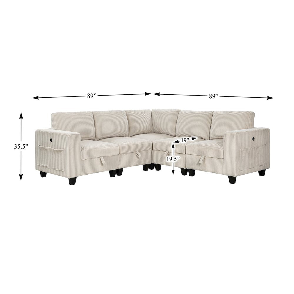 Walterboro Corduroy 5-Piece Sectional with Storage in Beige