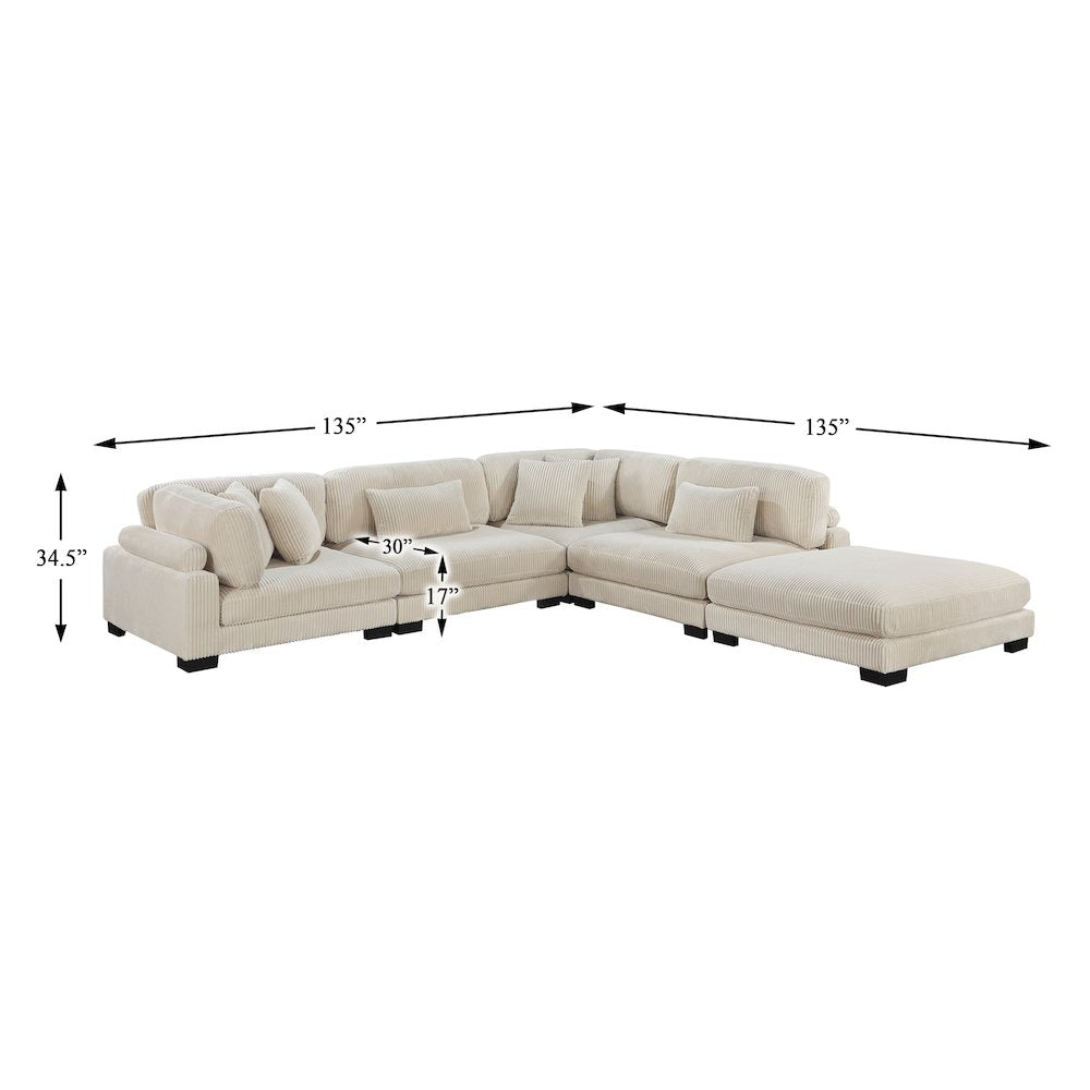 Traverse Corduroy 5-Piece Modular Sectional with Ottoman in Beige