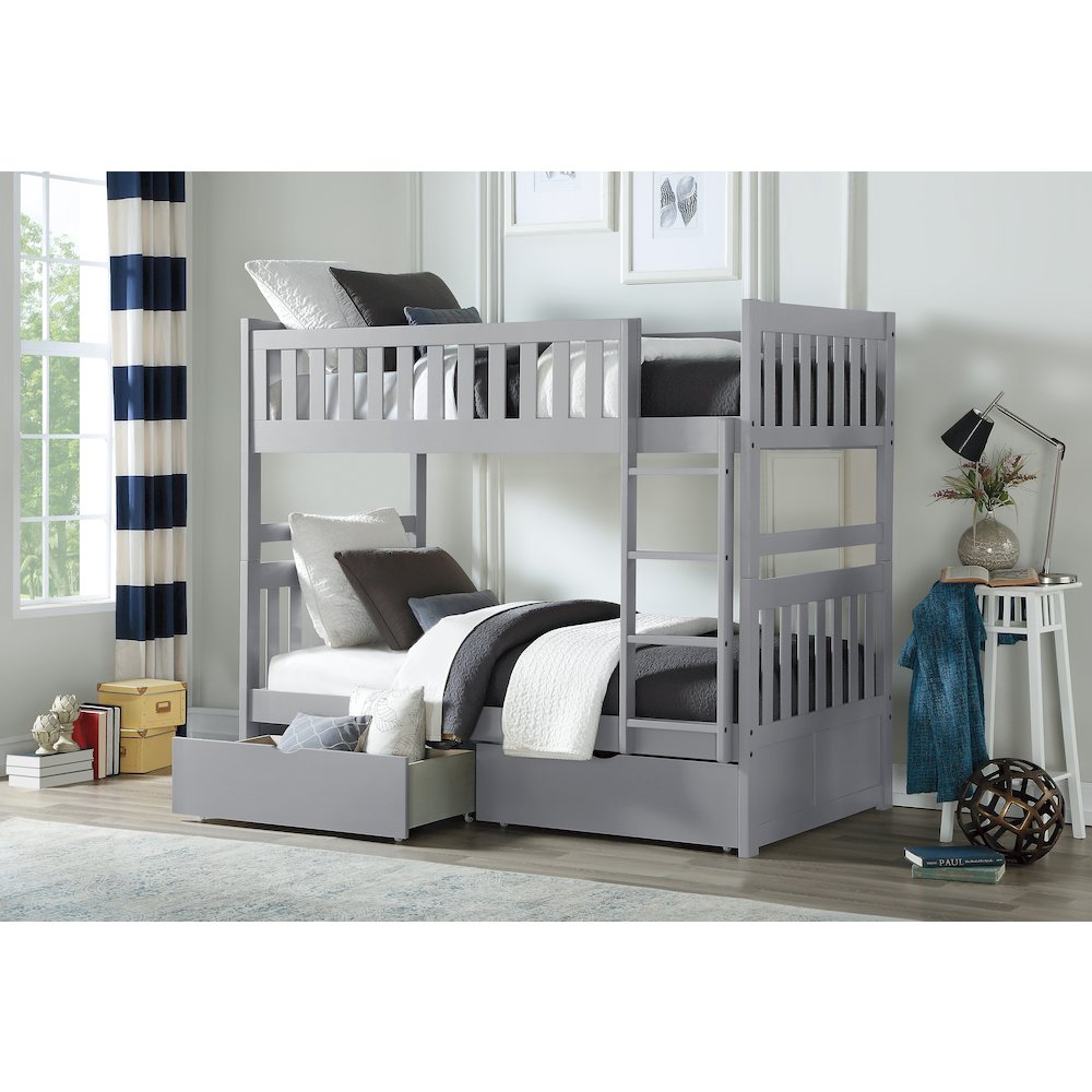 Orion Pine Twin Over Twin Bunk Bed with Storage Boxes in Gray