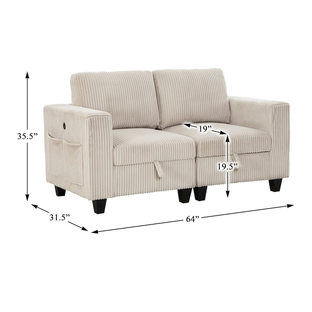 Walterboro Corduroy Love Seat with Storage, Storage Pouches in Beige