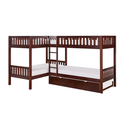 Rowe Pine Corner Bunk Bed with Twin Trundle in Dark Cherry