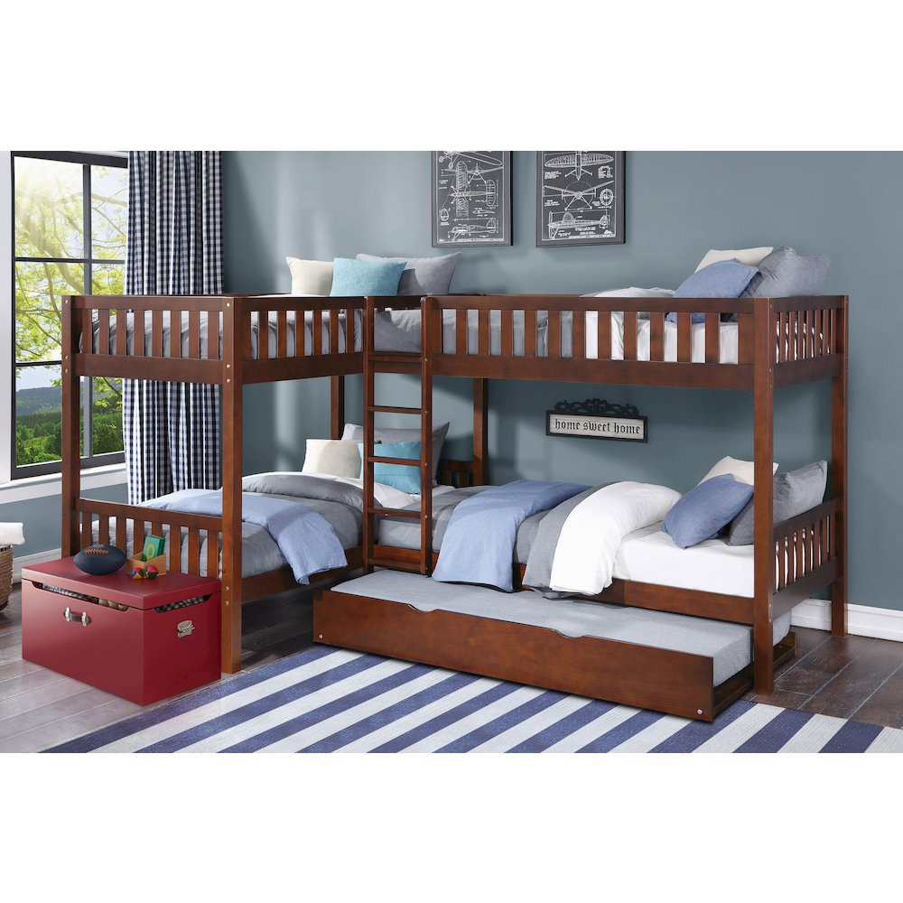 Rowe Pine Corner Bunk Bed with Twin Trundle in Dark Cherry