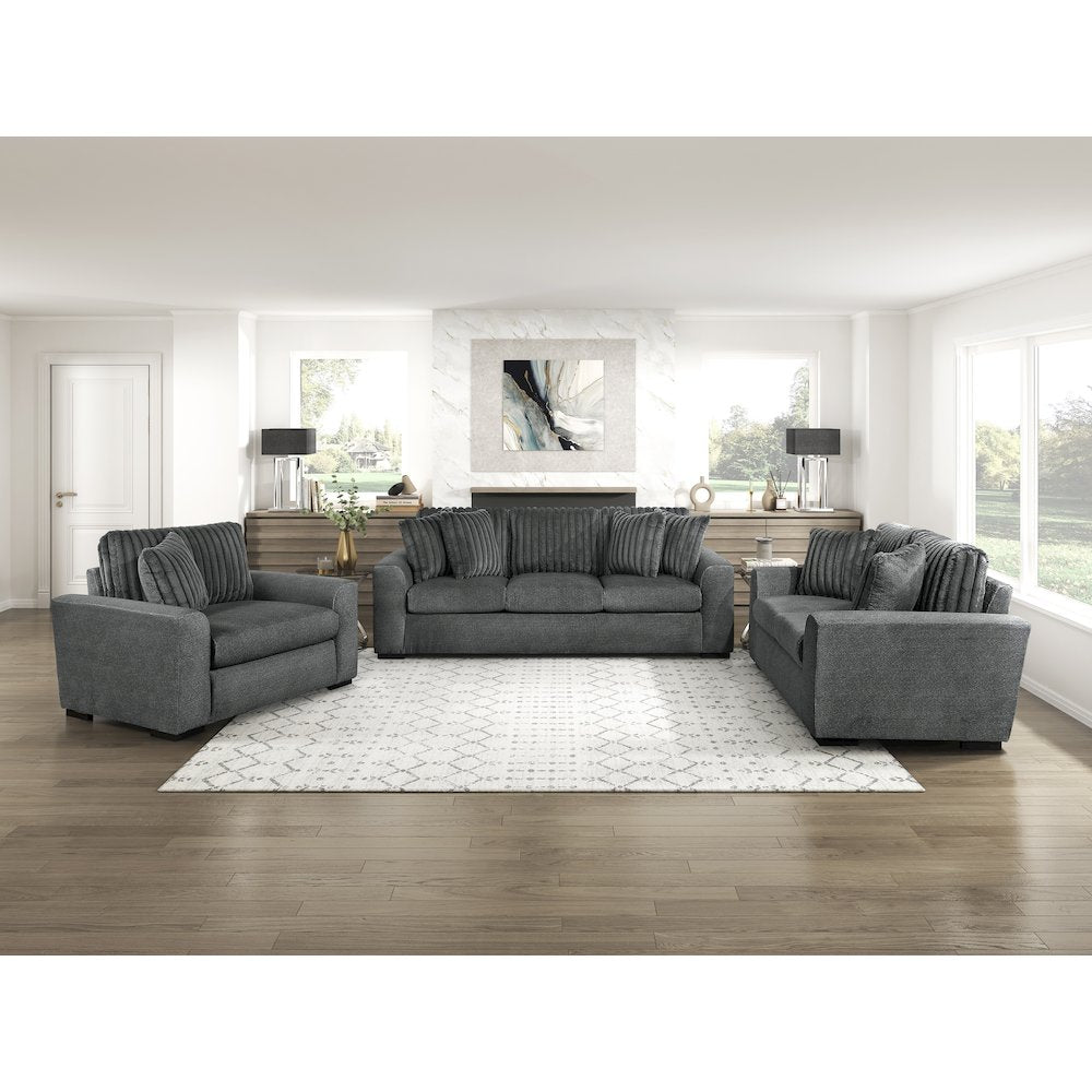 Athena Textured 3pc Set: Sofa, Loveseat, Chair in Dark Gray