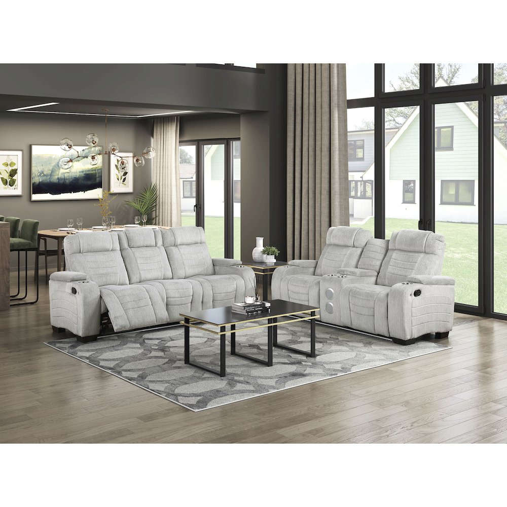 Ronan Microfiber Dbl Reclining Love Seat with Storage Arms in Light Gray