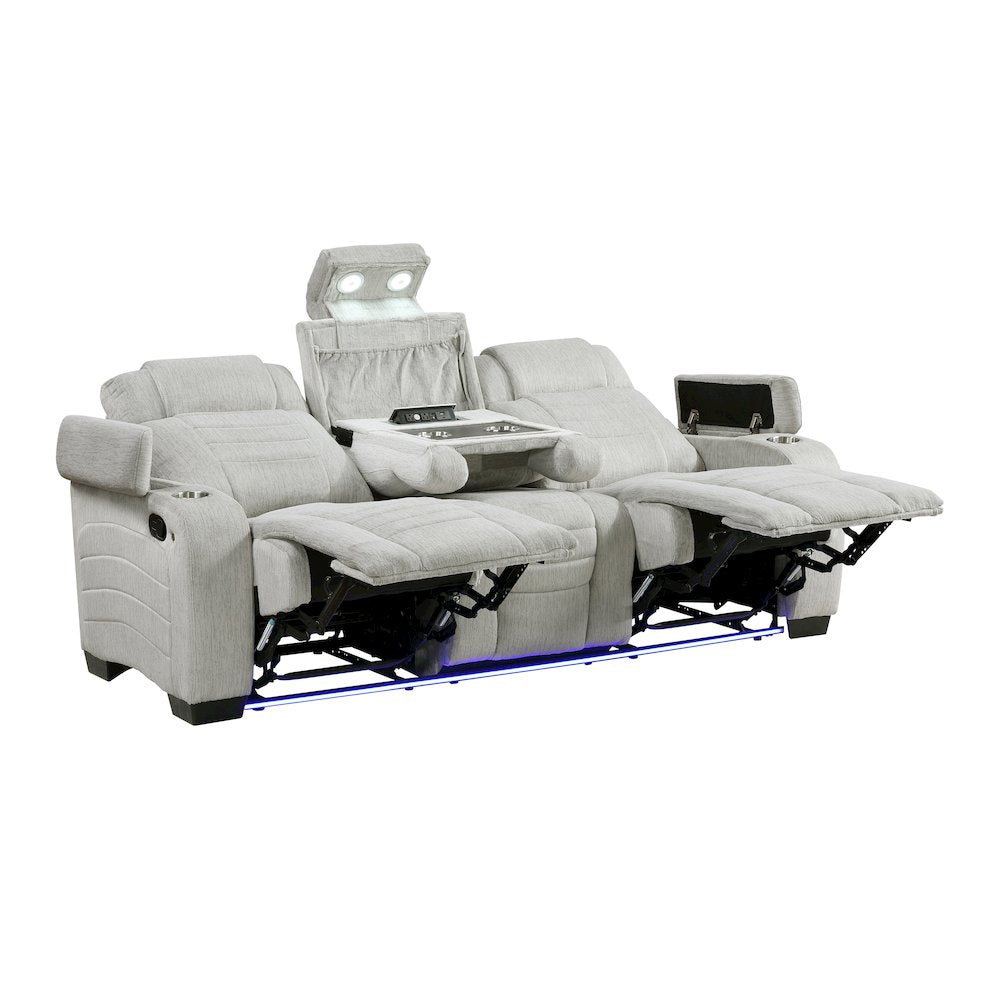 Ronan Microfiber Double Reclining Sofa with Storage Arms in Light Gray