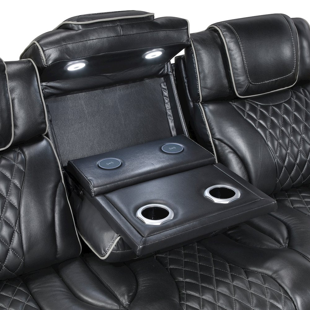 Apex Leather Power Double Reclining Sofa with LED Lighting in Black