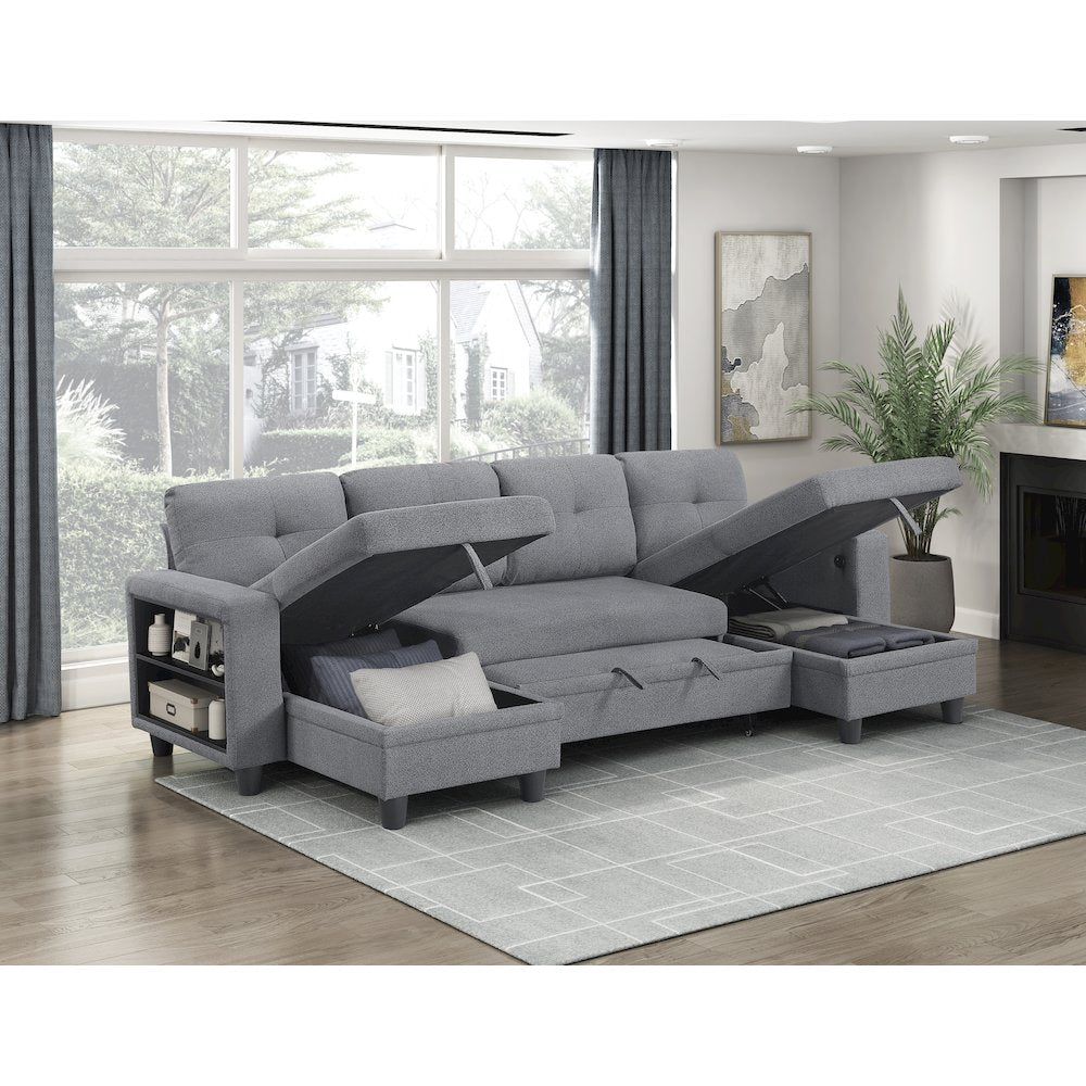 Robinson Boucle Sectional with Two Chaises, Pull-out Bed in Gray