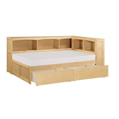 Bartly Pine Twin Bookcase Corner Bed with Storage Boxes in Natural Pine