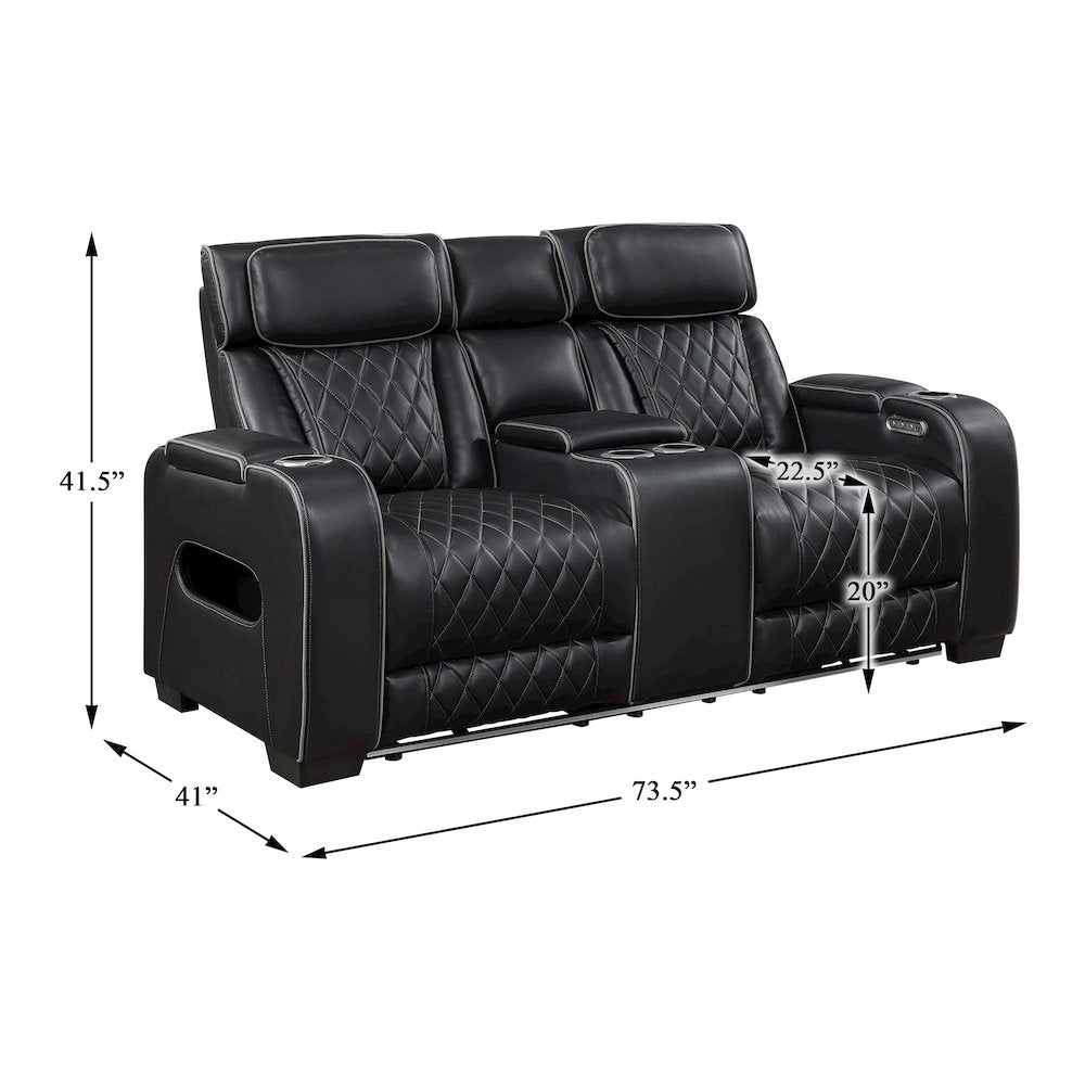 Fairway Faux Leather Power Double Reclining Love Seat in Black
