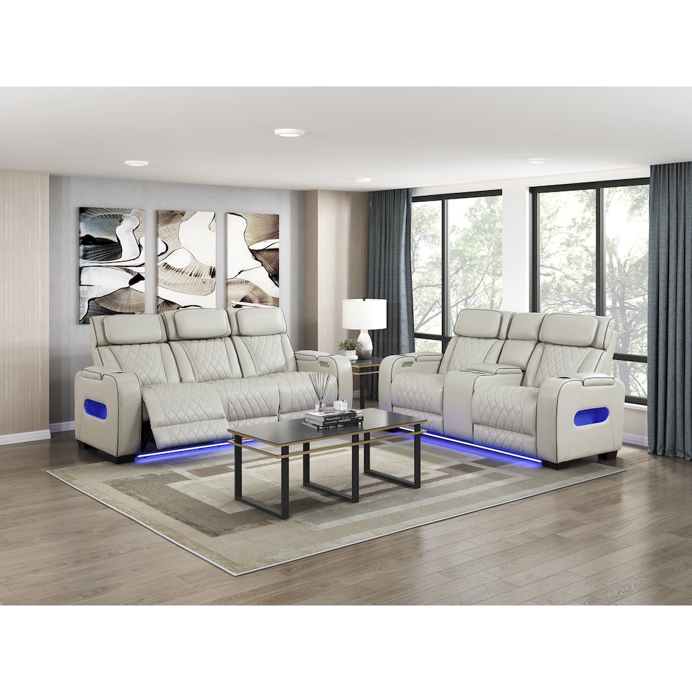 Fairway Faux Leather Power Double Reclining Love Seat in Taupe