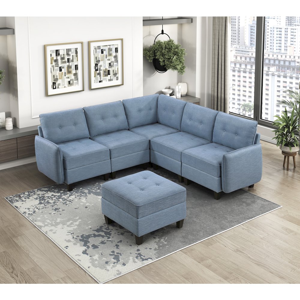 Garren Textured 6-Piece Sectional with Storage and Ottoman in Blue