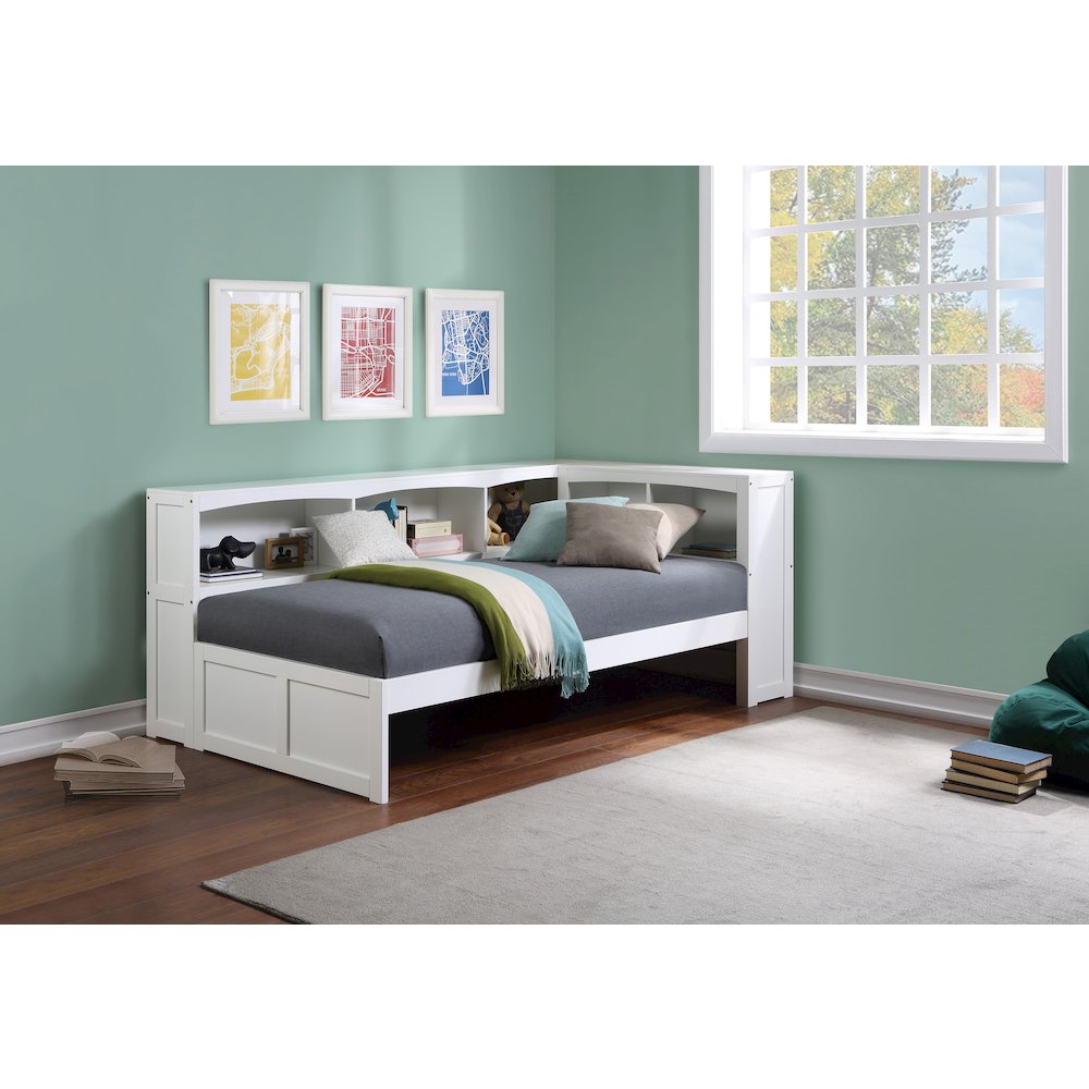 Galen Pine Twin Bookcase Corner Bed in White