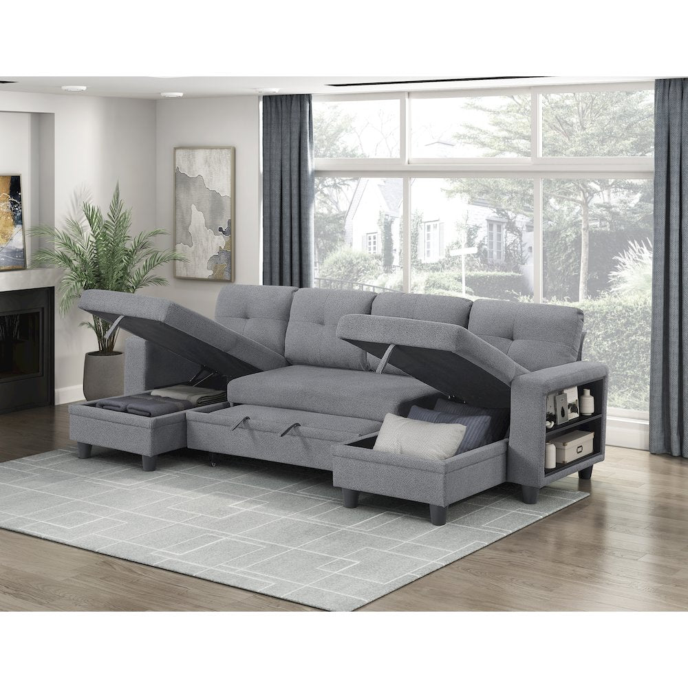 Robinson Boucle Sectional with Two Chaises, Pull-out Bed in Gray
