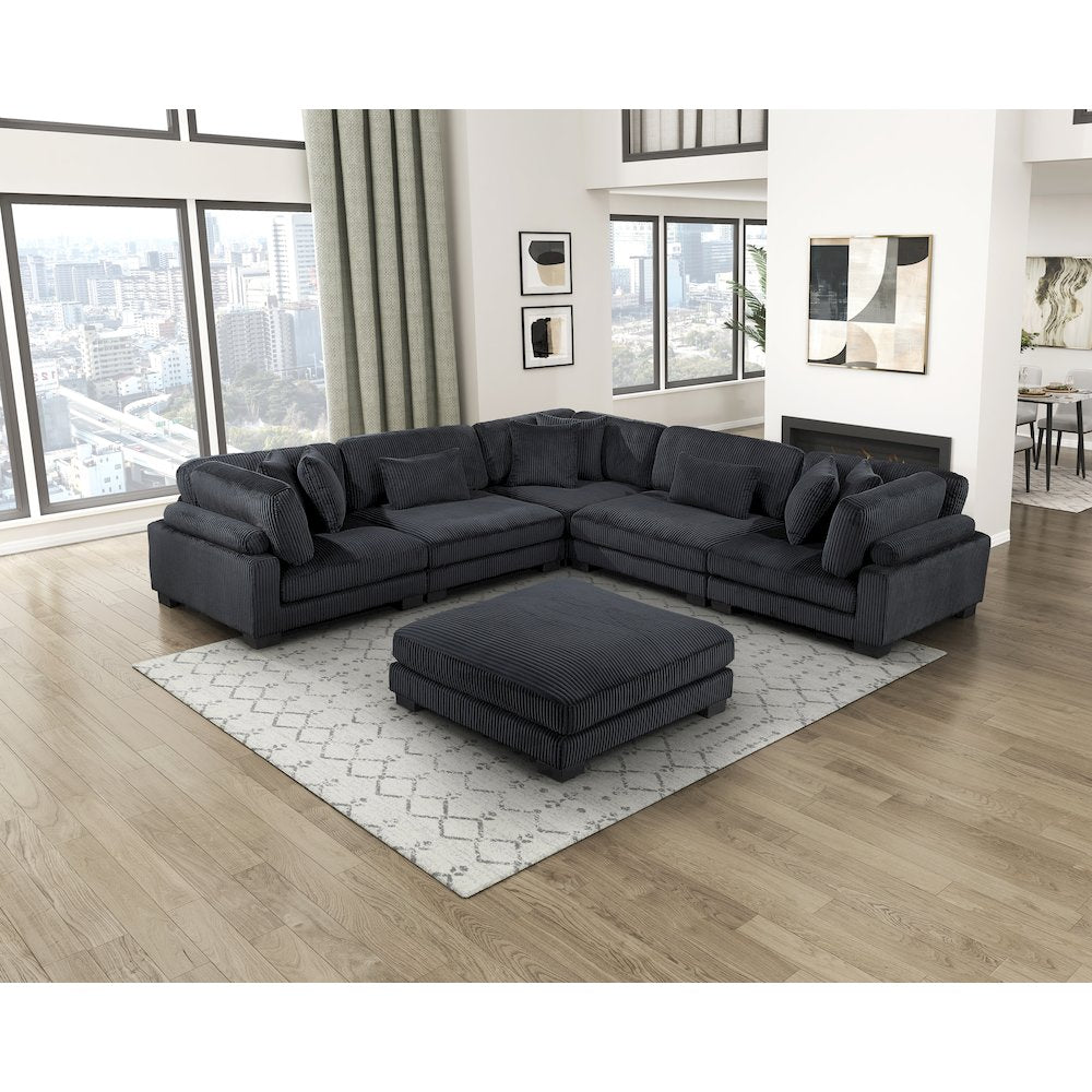 Traverse Corduroy 6-Piece Modular Sectional with Ottoman in Black