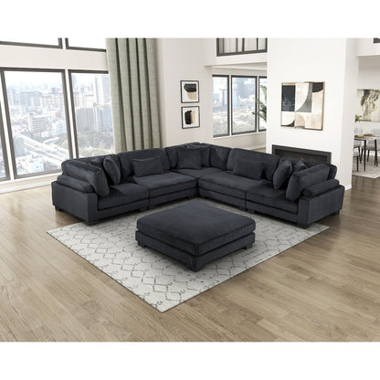 Traverse Corduroy 6-Piece Modular Sectional with Ottoman in Black