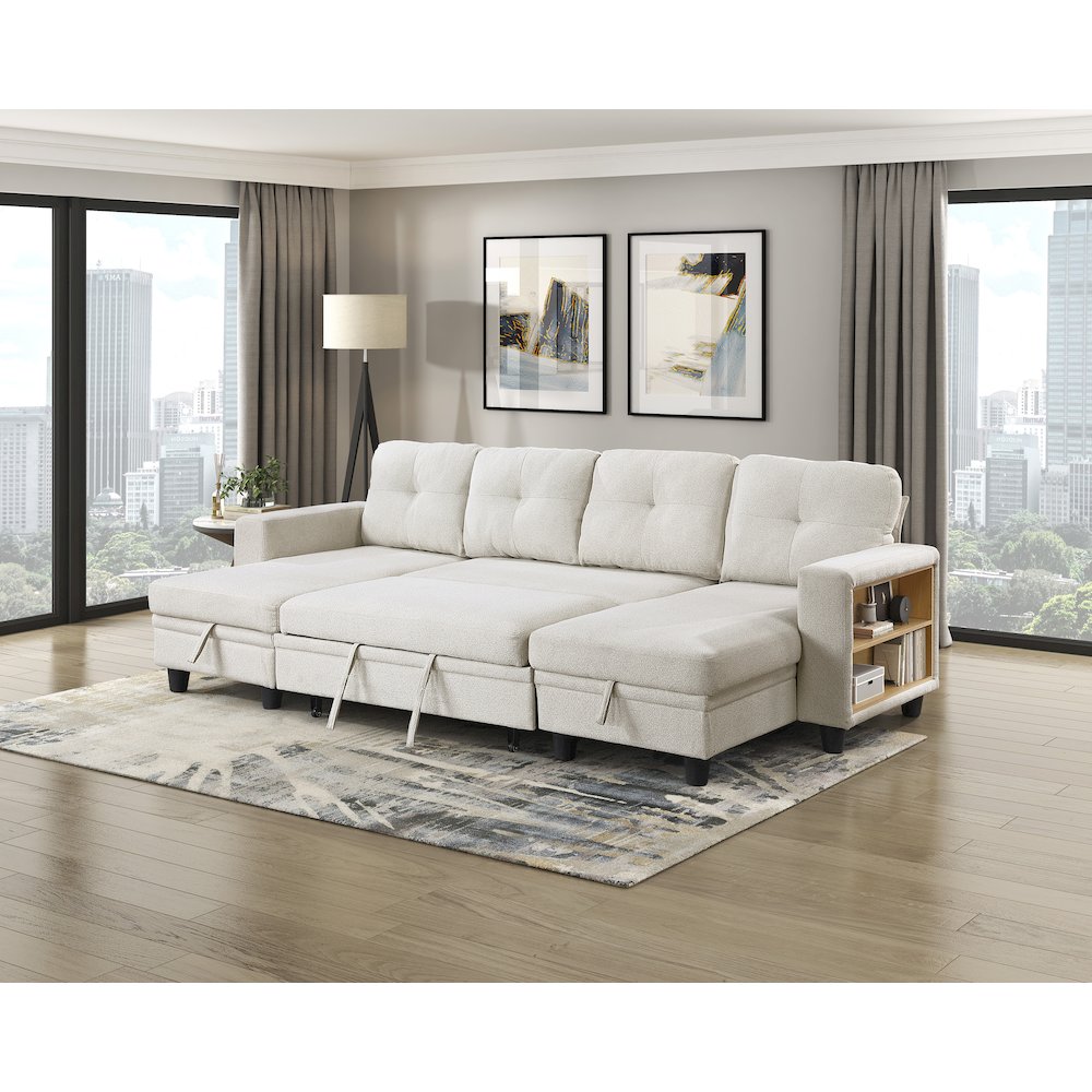 Robinson Boucle Sectional with Two Chaises, Pull-out Bed in Beige