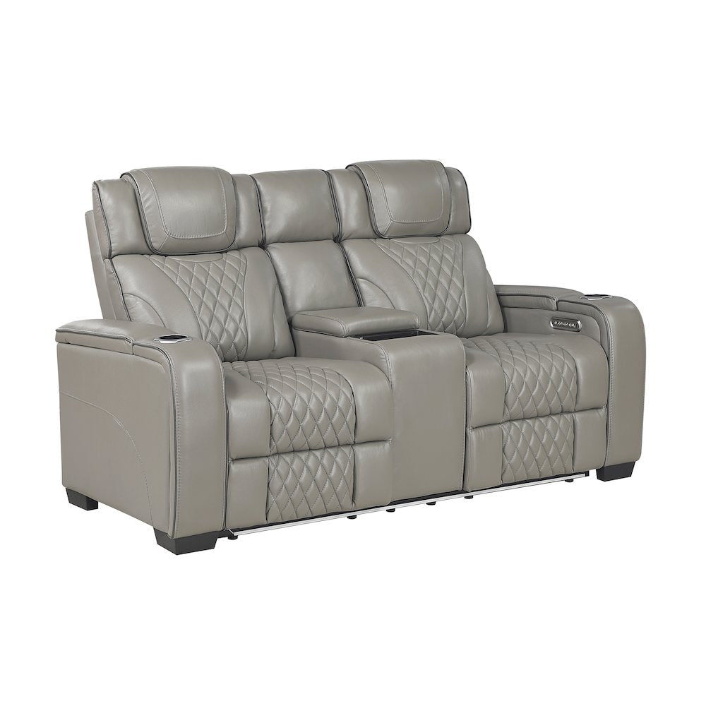 Apex Leather Pwr Double Reclining Love Seat with Center Console in Gray