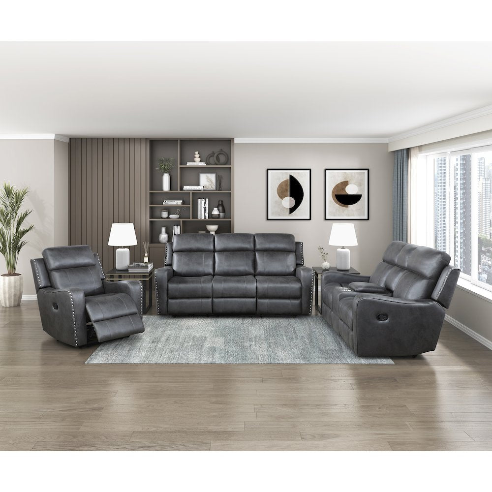 Kellen Microfiber 3pc Set: Sofa, Love, Chair in Smoky Gray