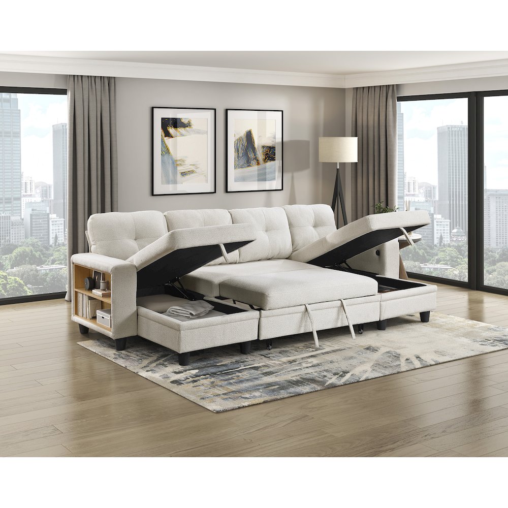 Robinson Boucle Sectional with Two Chaises, Pull-out Bed in Beige