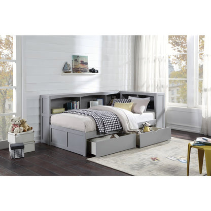Orion Pine Twin Bookcase Corner Bed with Storage Boxes in Gray