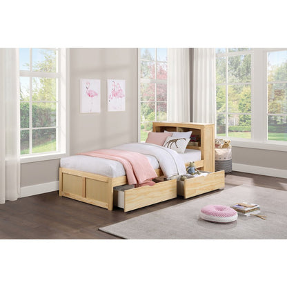 Bartly Pine Twin Bookcase Bed with Storage Boxes in Natural Pine