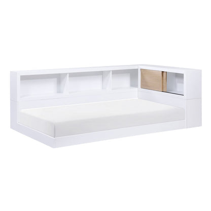 Asker A. Hardwood Twin Bookcase Corner Bed in 2-Tone (White and Natural)