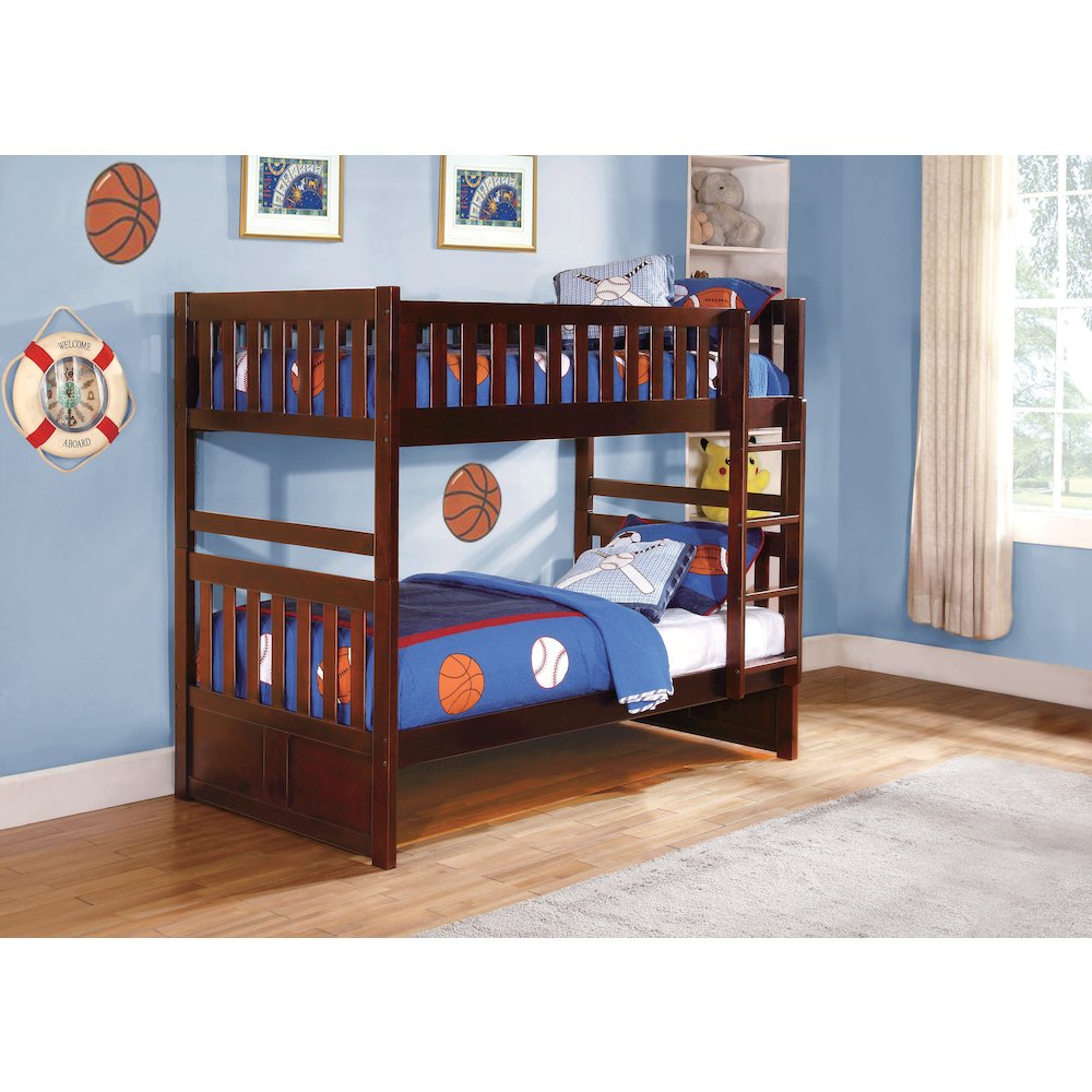 Rowe Pine Twin Over Twin Bunk Bed in Dark Cherry