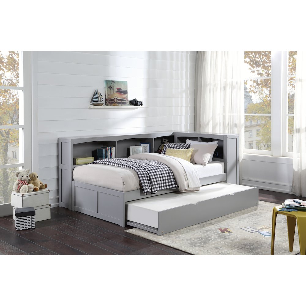 Orion Pine Twin Bookcase Corner Bed with Twin Trundle in Gray