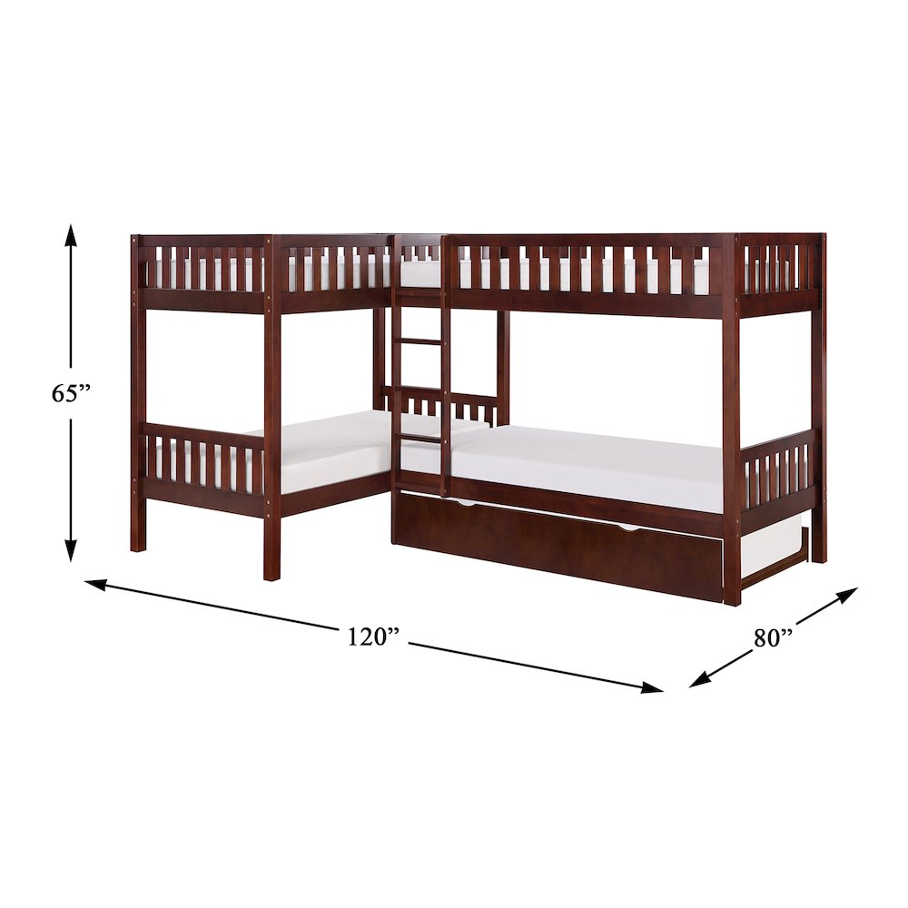 Rowe Pine Corner Bunk Bed with Twin Trundle in Dark Cherry