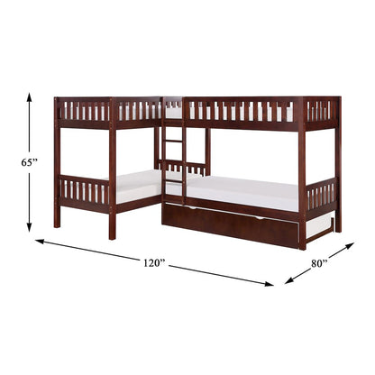Rowe Pine Corner Bunk Bed with Twin Trundle in Dark Cherry