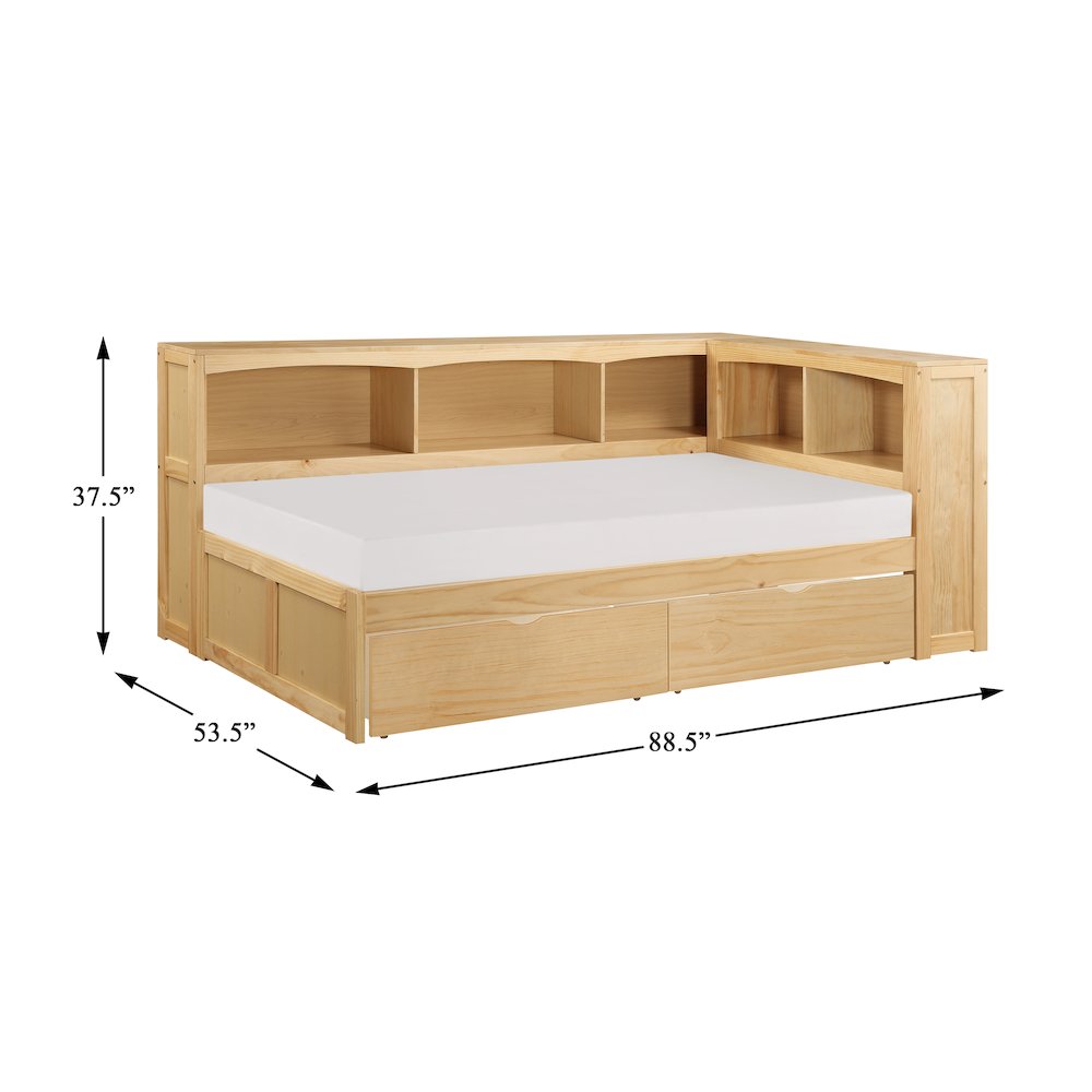 Bartly Pine Twin Bookcase Corner Bed with Storage Boxes in Natural Pine