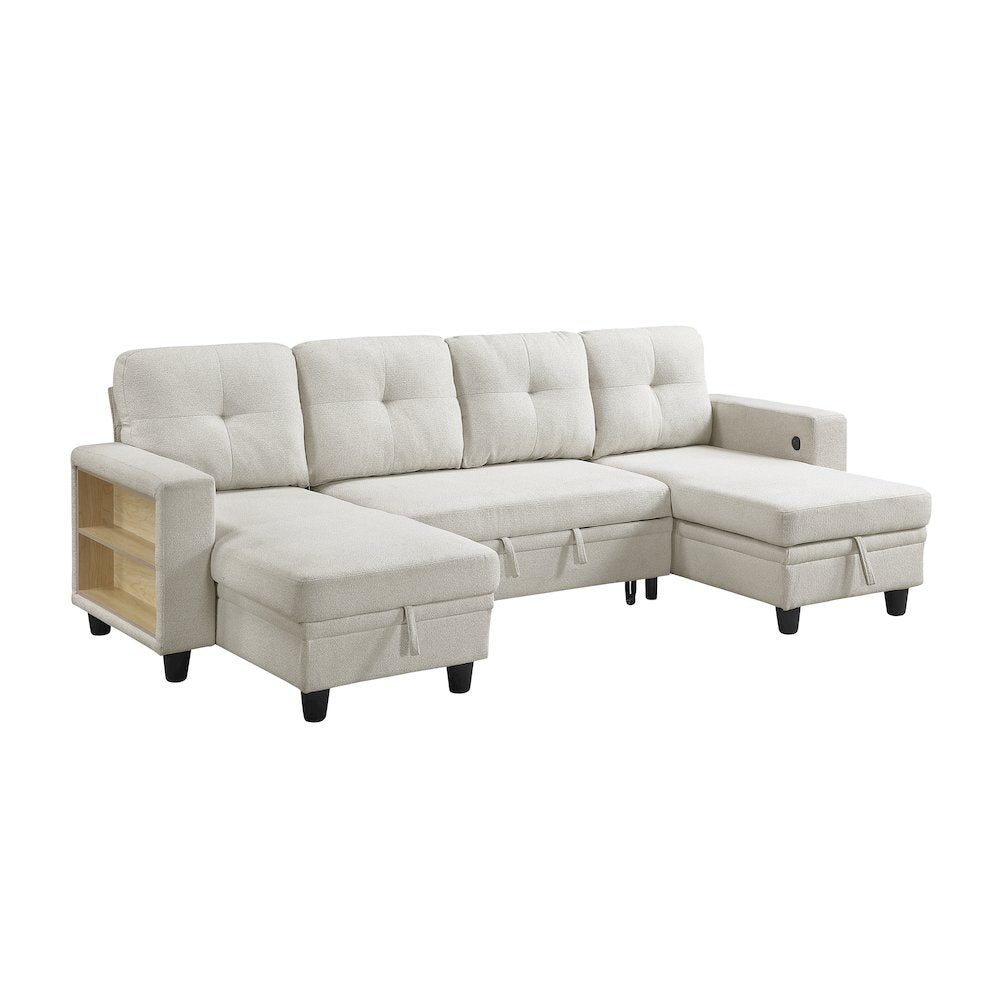 Robinson Boucle Sectional with Two Chaises, Pull-out Bed in Beige