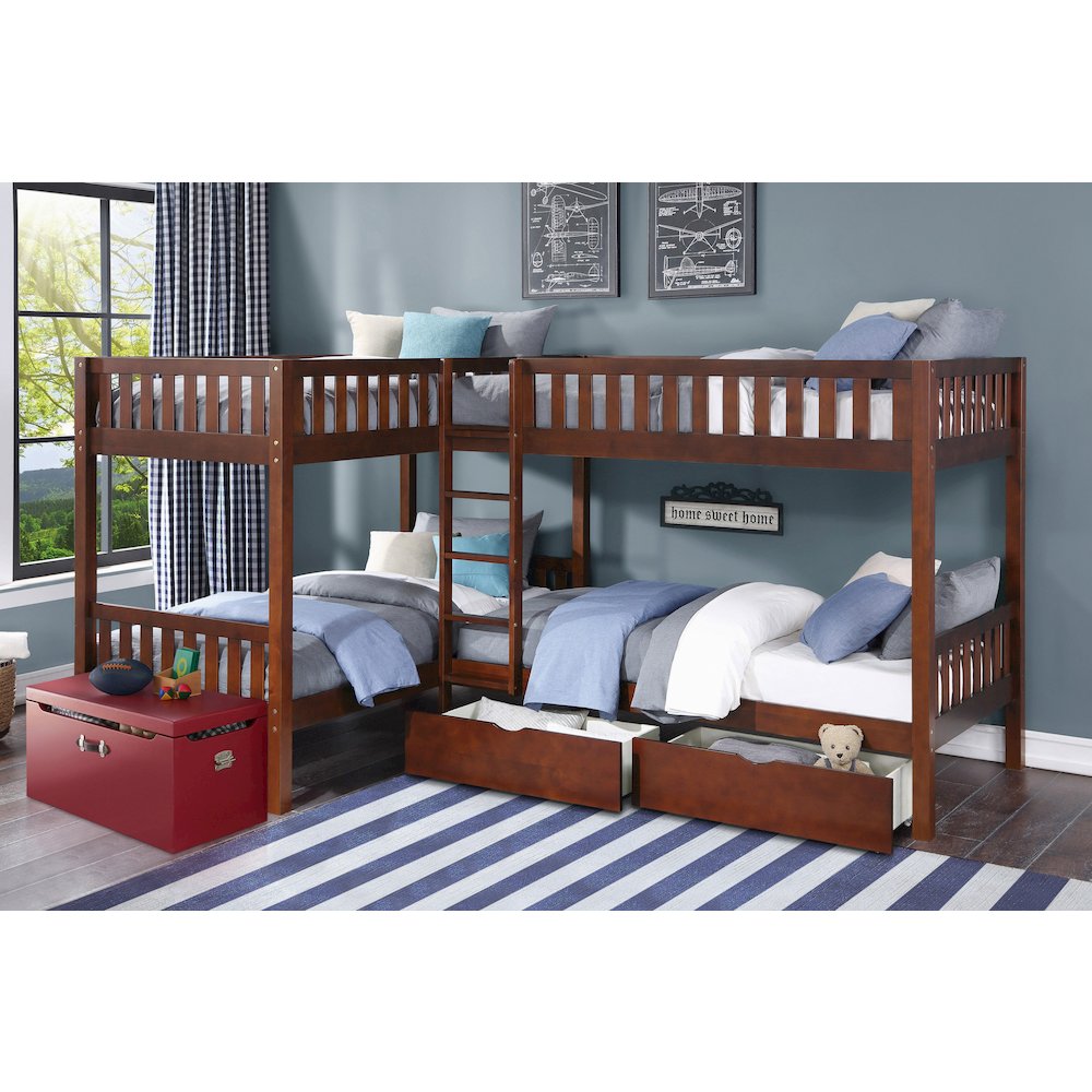 Rowe Pine Corner Bunk Bed with Storage Boxes in Dark Cherry