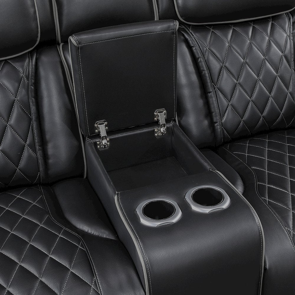 Fairway Faux Leather Power Double Reclining Love Seat in Black