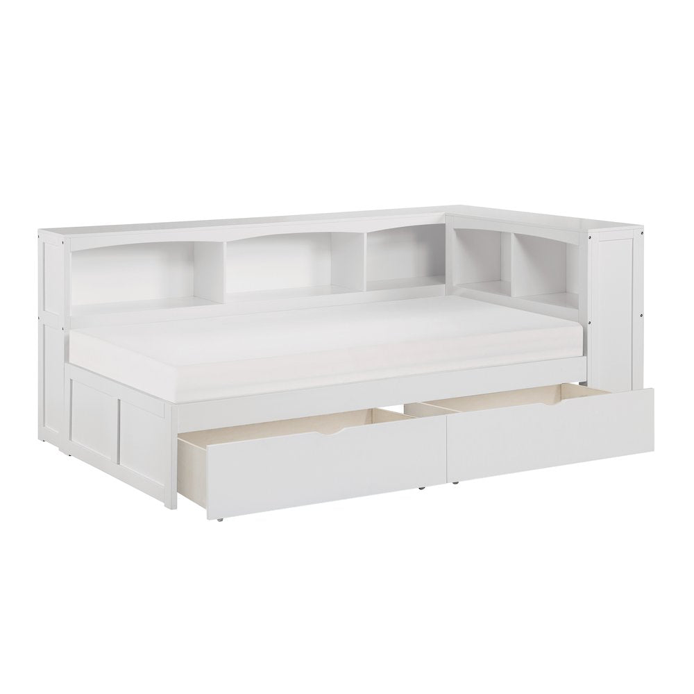 Galen Pine Twin Bookcase Corner Bed with Storage Boxes in White