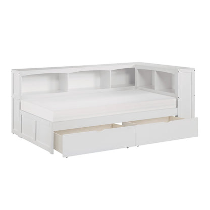 Galen Pine Twin Bookcase Corner Bed with Storage Boxes in White