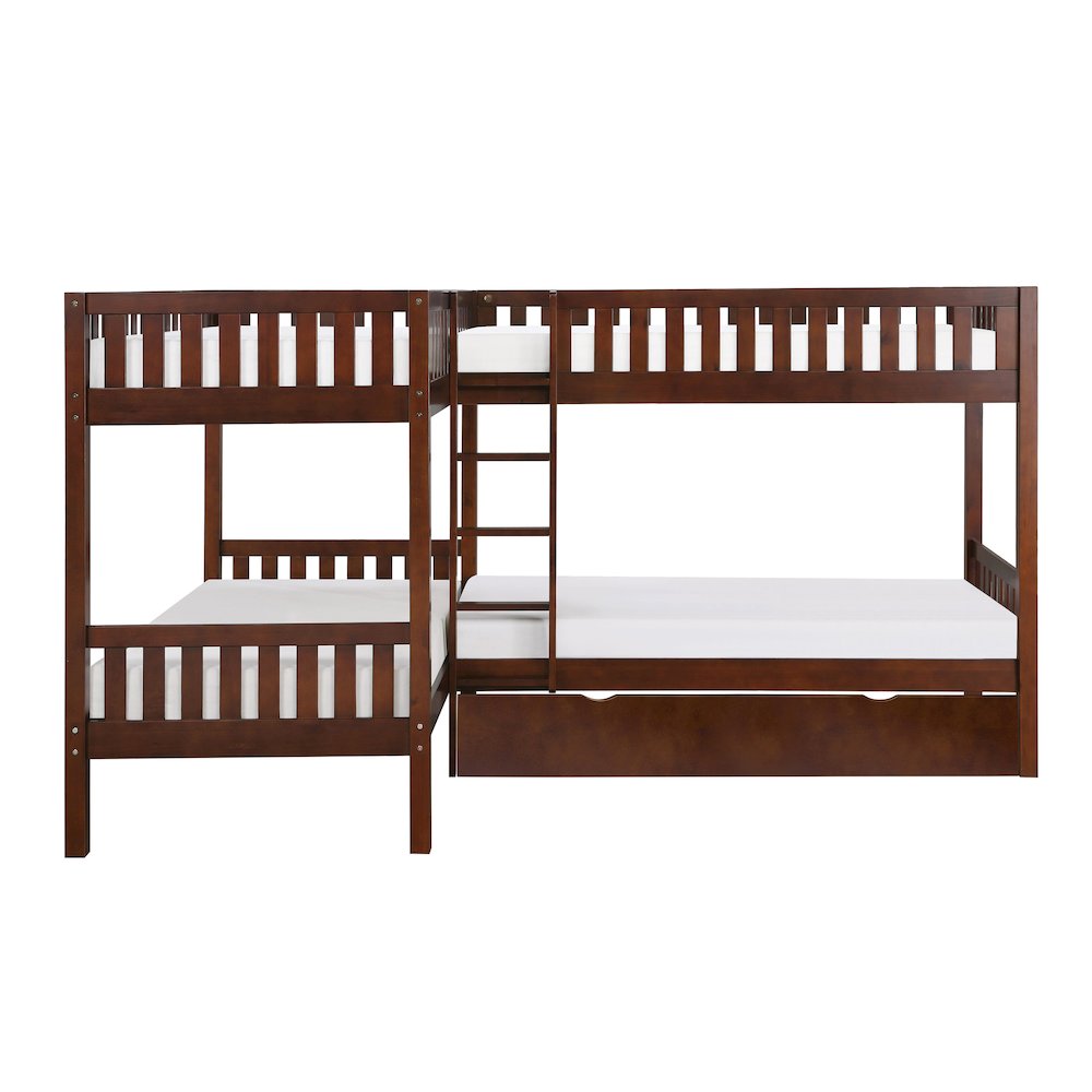 Rowe Pine Corner Bunk Bed with Twin Trundle in Dark Cherry