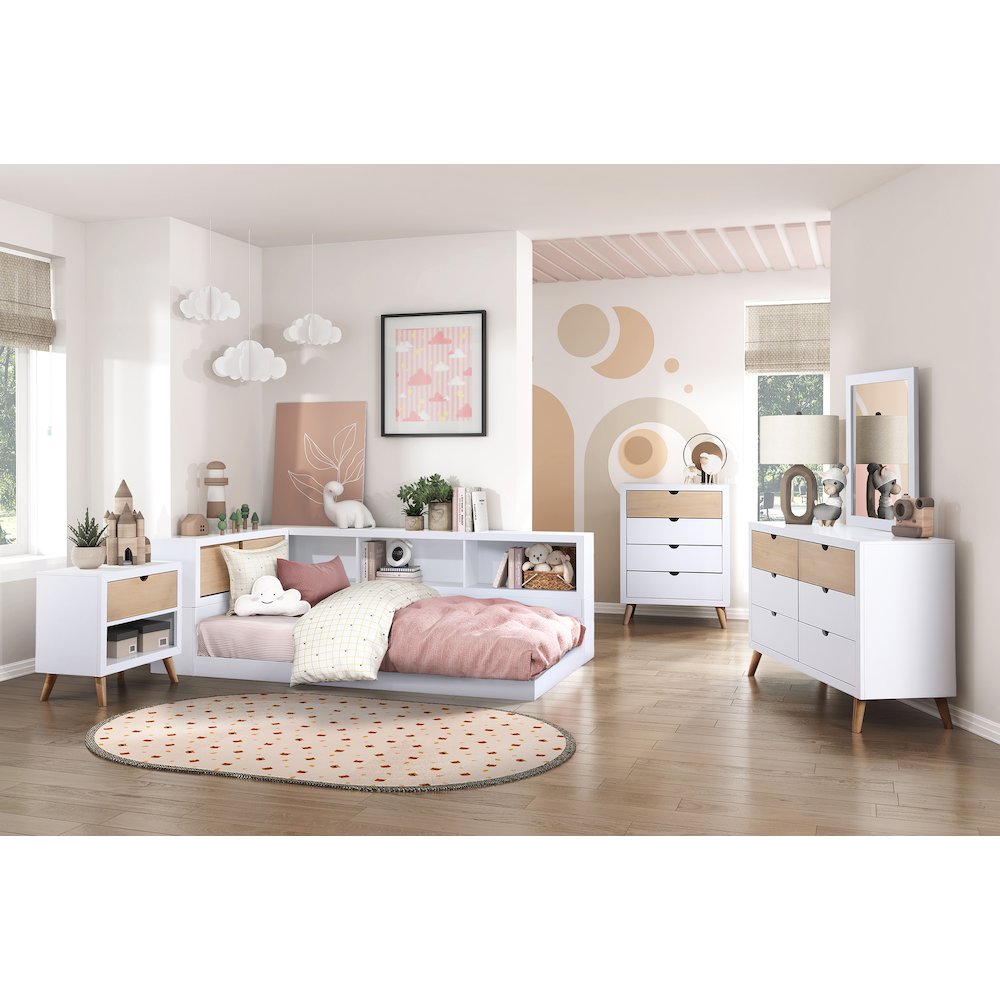 Asker A. Hardwood Twin Bookcase Corner Bed in 2-Tone (White and Natural)