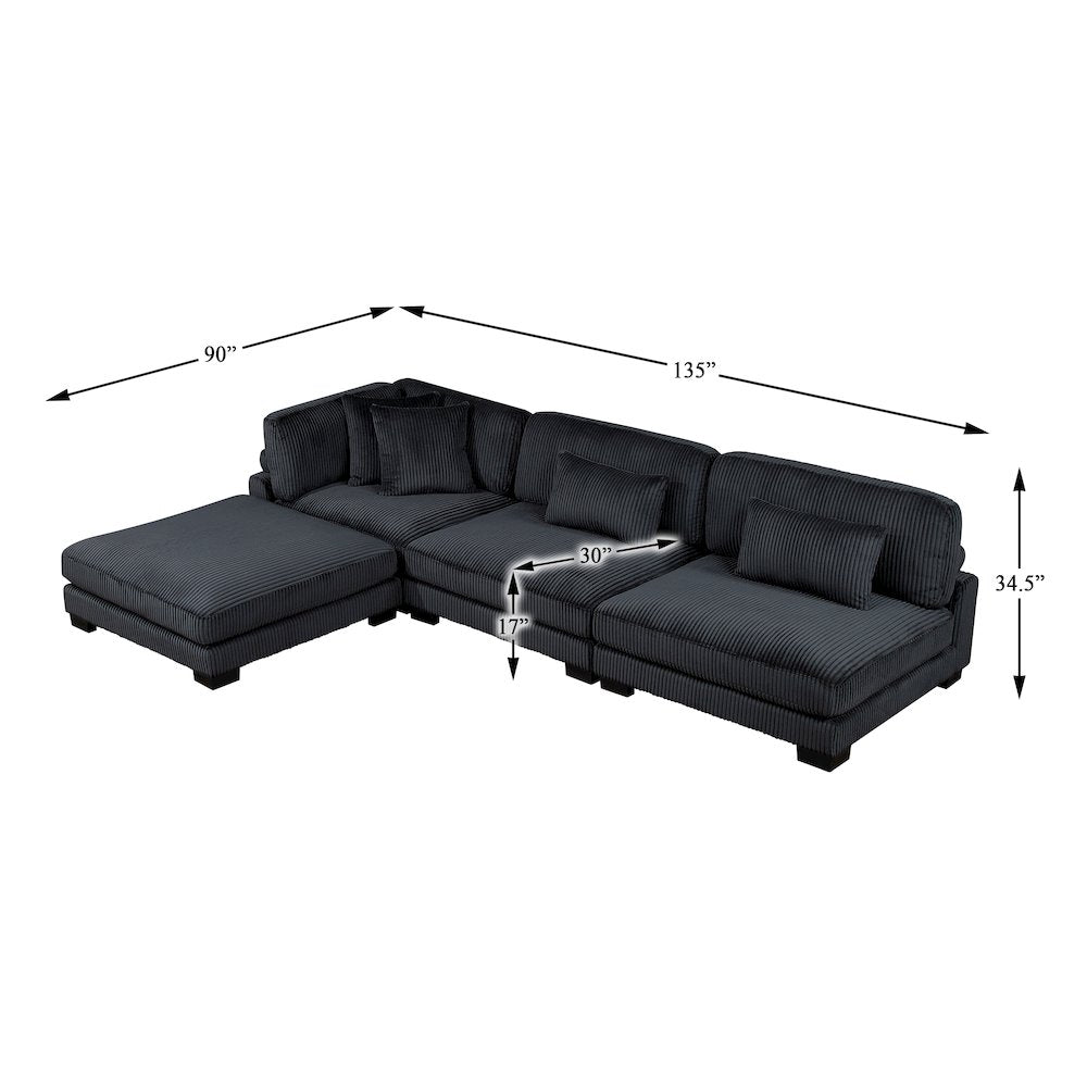 Traverse Corduroy 4-Piece Modular Sectional with Ottoman in Black