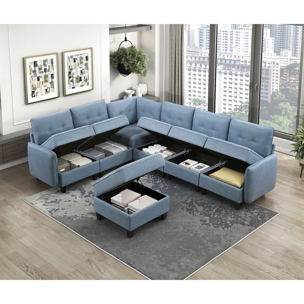 Garren Textured 7-Piece Sectional with Storage and Ottoman in Blue