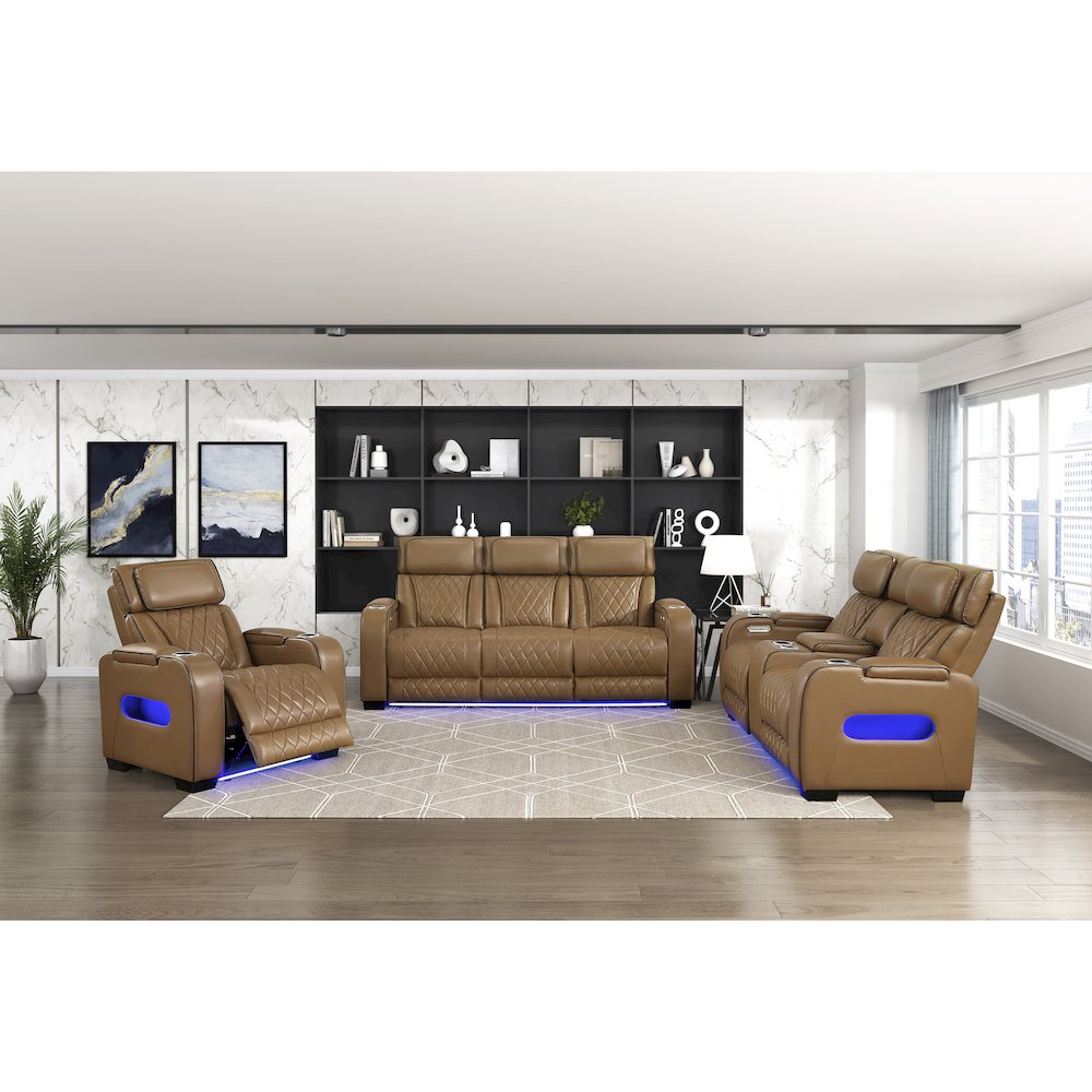 Fairway Faux Leather Power Double Reclining Sofa in Brown