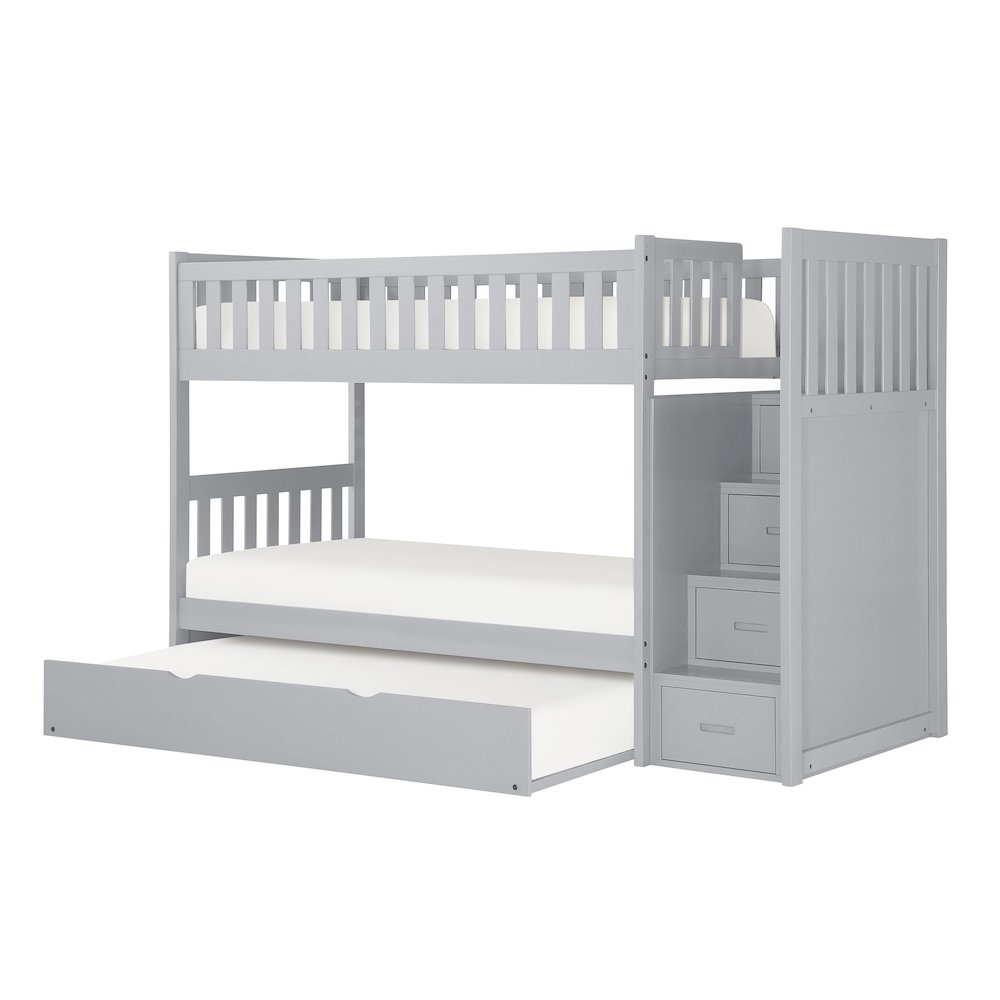 Orion Pine Bunk Bed with Reversible Step Storage w/ Trundle Bed in Gray
