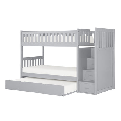 Orion Pine Bunk Bed with Reversible Step Storage w/ Trundle Bed in Gray