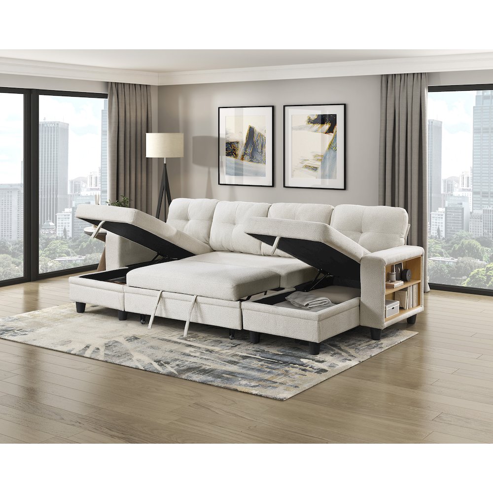 Robinson Boucle Sectional with Two Chaises, Pull-out Bed in Beige