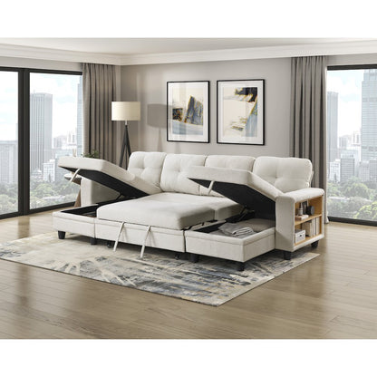 Robinson Boucle Sectional with Two Chaises, Pull-out Bed in Beige